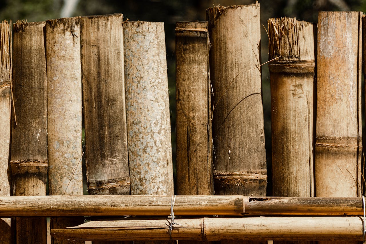 Detailed close-up of a bamboo fence showcasing natural textures and earthy tones.